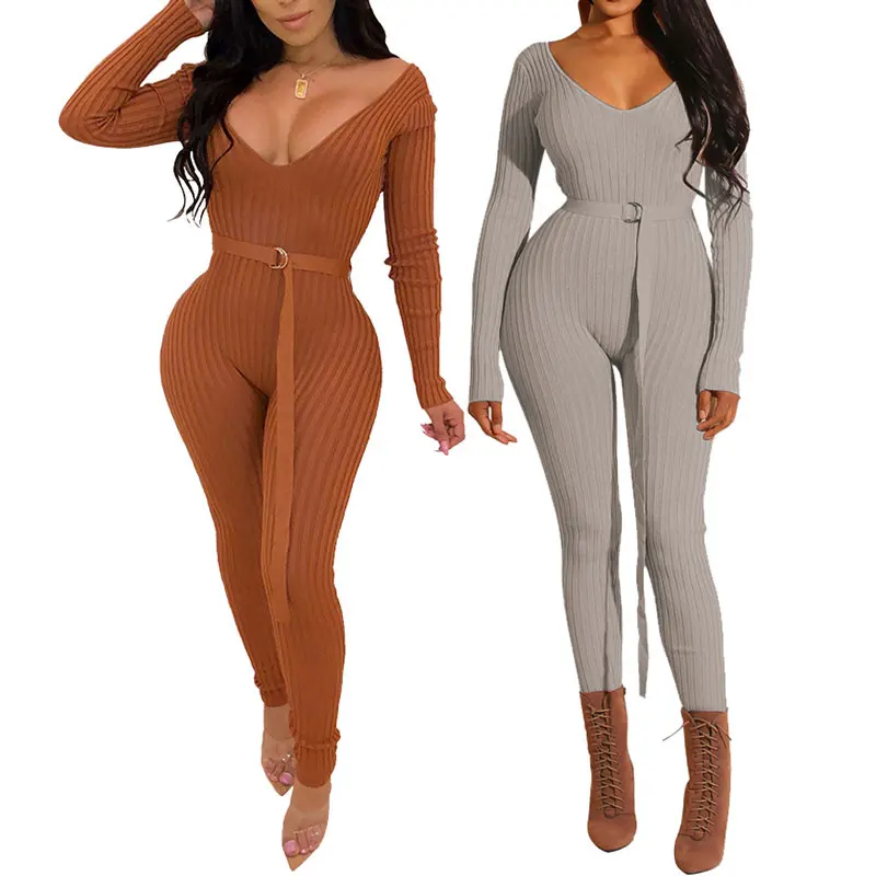 

81203-MX17 winter ribbed fabric 3 colors long V neck jumpsuits for ladies