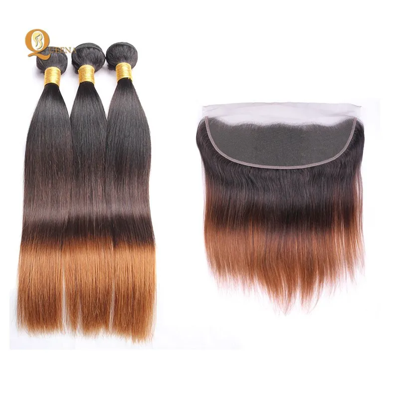 

100% Cuticle Aligned Virgin Hair 1B/4/30 Remy Virgin Brazilian Human Hair Ombre Hair Weft 3 Bundles with Ear to Ear Lace Frontal, 1b/4/27