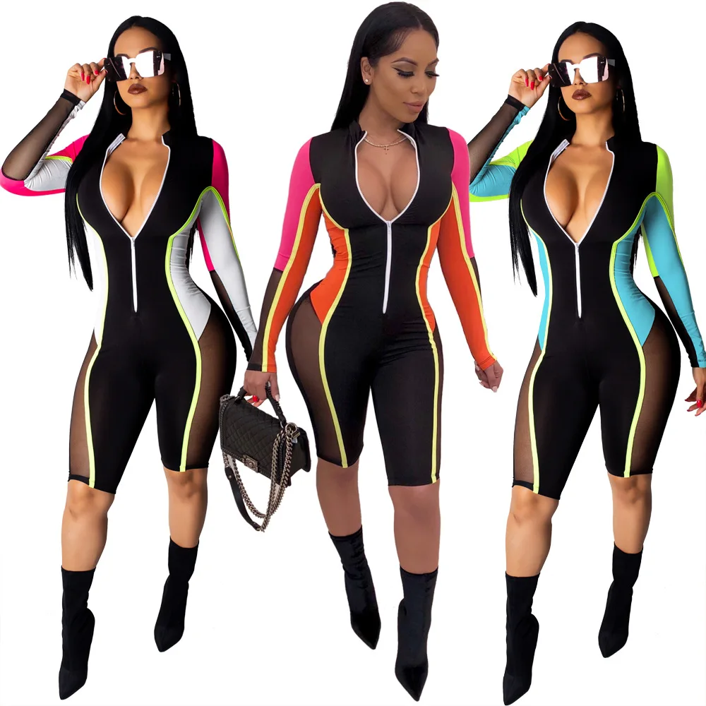 *GC-86960419 2020 new arrivals wholesale sexy women stylish Good quality patch mesh zip up skinny bandage bodycon jumpsuit