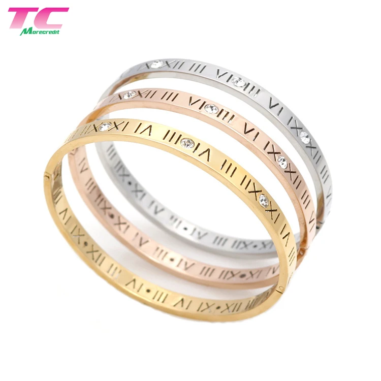 

Wholesale Stainless Steel Bracelets Roman Numerals Bracelet Bangle Fashion Jewelry, Gold, rose gold and stainless steel color