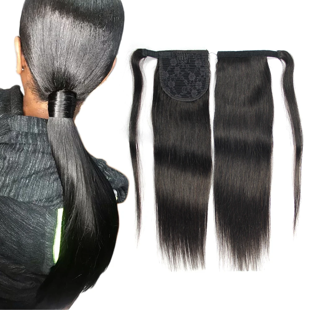 

Wholesale Black and blond long Human cuticle aligned hair, silk straight clip in human hair ponytail extensions