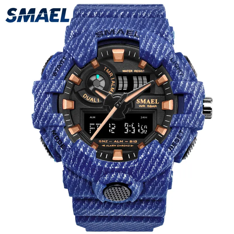 Factory Price Hot Sale SMAEL 8001 50M Waterproof Shock Resistant Vogue Digital Analog Blue Cowboy Sport Outdoor Wrist Watch