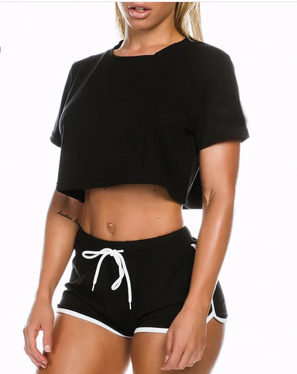 

2019 Hot Selling Custom Logo Two Piece Cropped Tee Athletic Shorts Set For Women Factory High Quality, Colorful