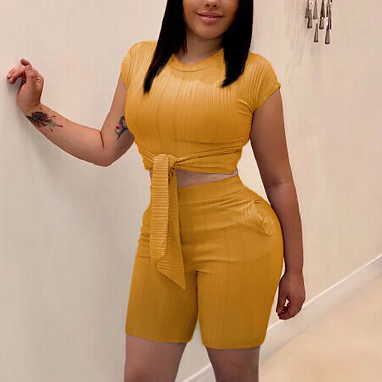 

Lover-Beauty Hot Sale Yellow Two Piece Waist Bandage Sleeveless Summer Fashion gym Jumpsuit For Women, As show