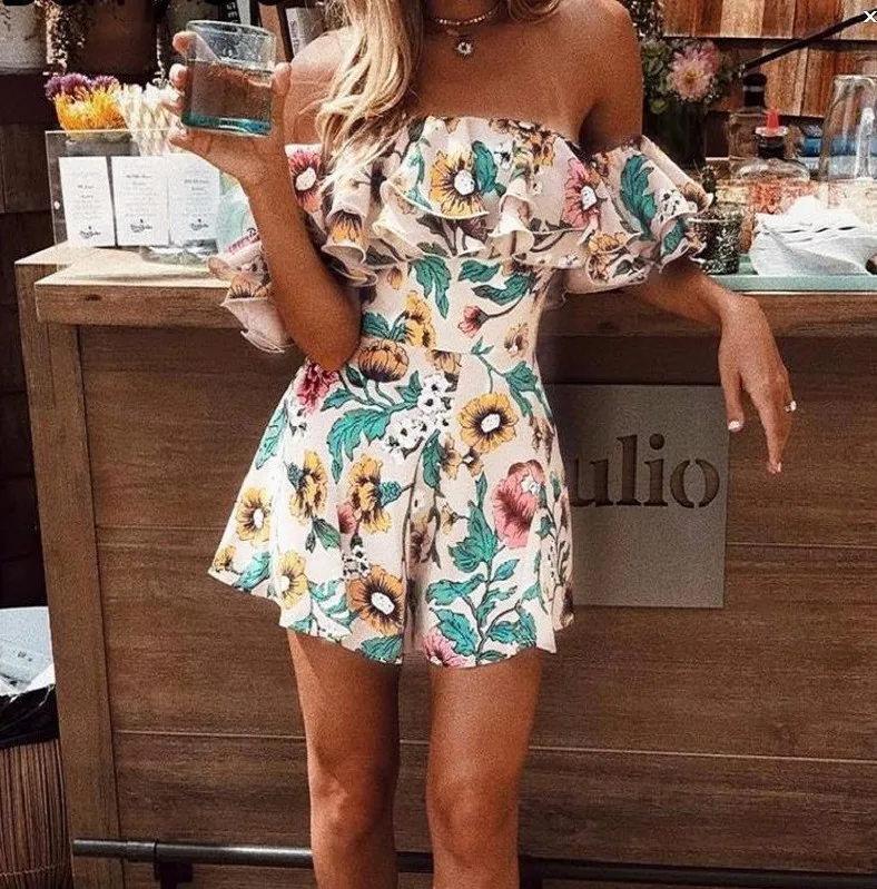 

Womens Summer Floral Print Jumpsuits Women Off-Shoulder One Piece Short Jumpsuit, Khaki, black, burgundy, royal blue, peach, navy blue