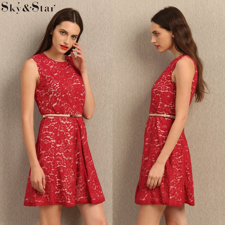 

New arrival casual ladies clothes sleeveless one piece red lace dress for women, Red or customized