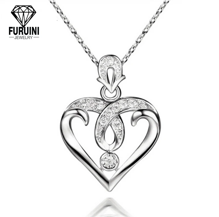

High Quality 925 Sterling Silver Zircon Engagement Wedding Heart Shape Pendent Necklace, Silver color