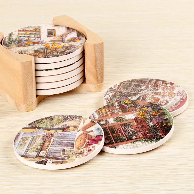 

Creative Marbled Ceramic Gold-plated Silicone / Plastic Insulation Coaster With Bamboo Tray Holder, Natural