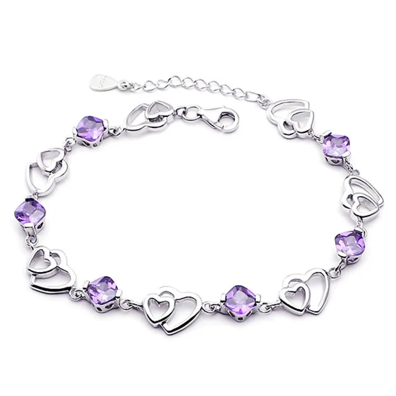 

Purple Crystal Double Heart Bracelet silver bracelet for girls, N/a