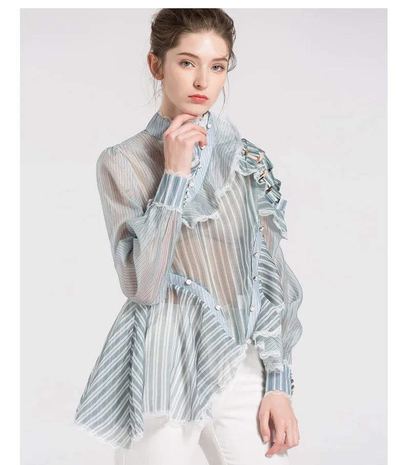 

2019 factory wholesale Latest ladies irregular bubble sleeve tops summer chiffon stripe ruffles shirt women's blouse & tops