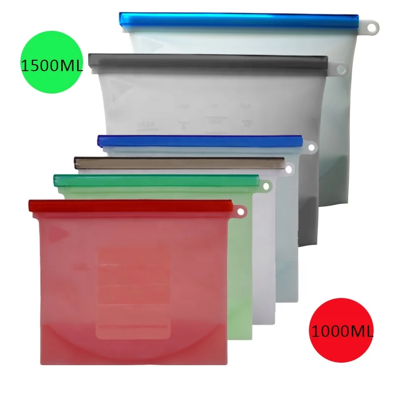 

Best Seller Leakproof FDA food grade sealable reusable fresh reusable silicone food storage bag, Green/red/clear