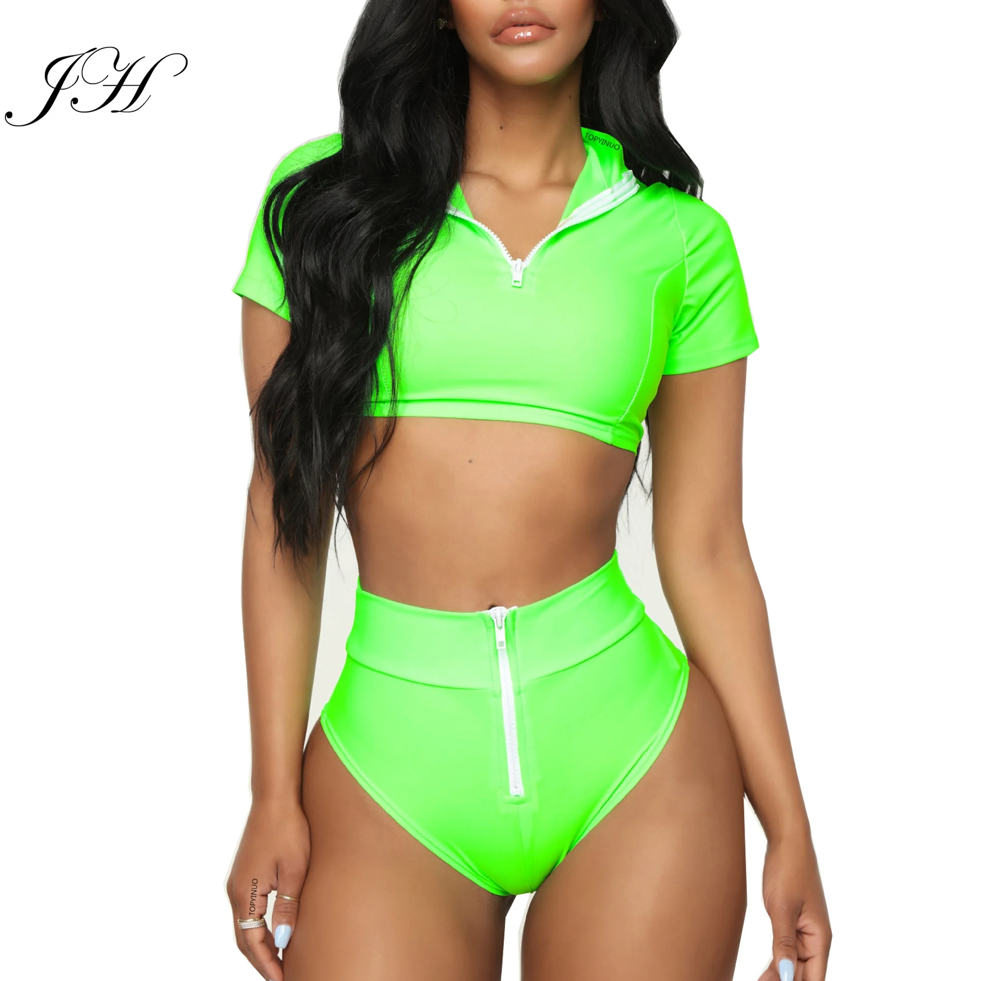 

Fashion Soild Short Sleeve Front Zipper Crop Top & High Waist Bottoms Two Piece Swimwear Women 2019 Swimsuit Water Sports Bikini