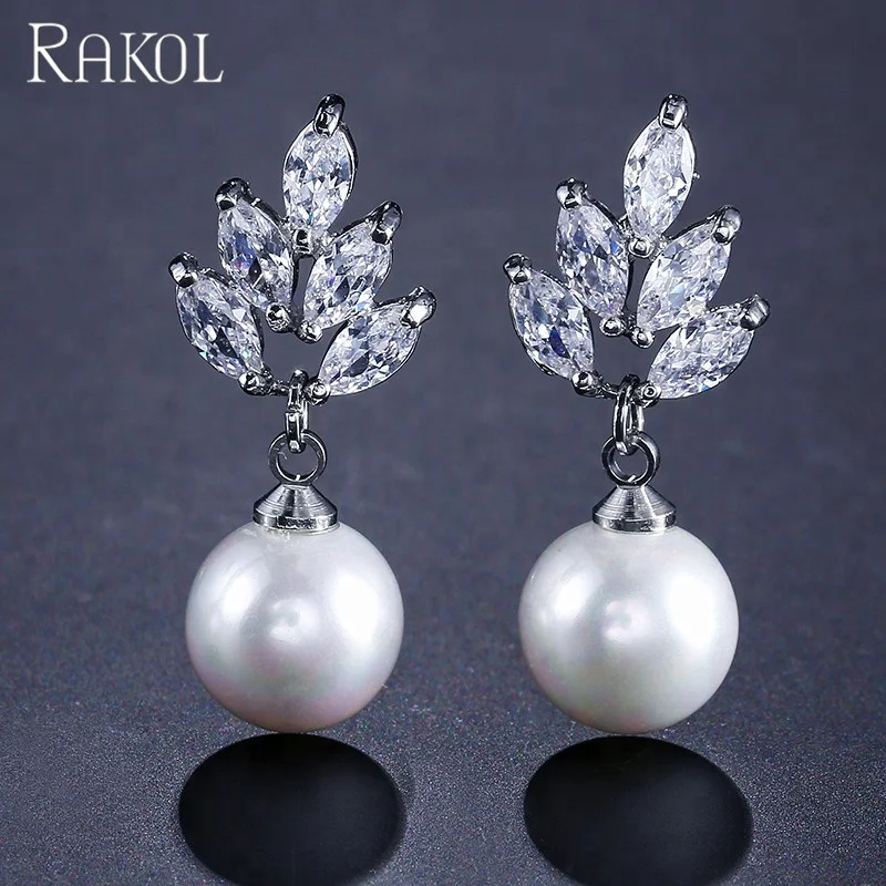 

RAKOL EP499 Luxury wedding cubic zirconia bridal zircon crystal CZ big pearl earrings, As picture