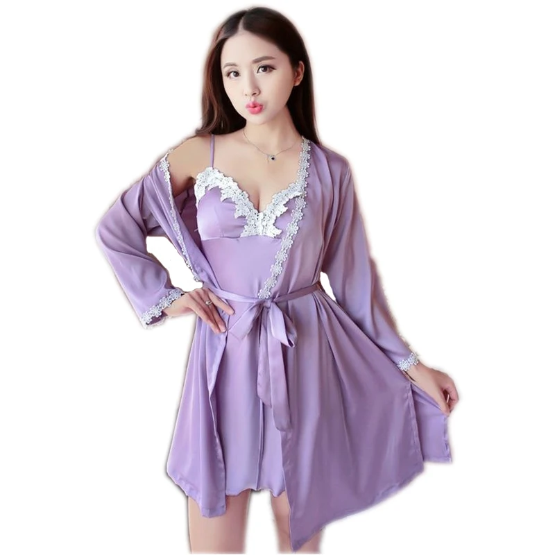 

Wholesale Women Fashion Satin Nightgown + Robe Sets Silk Homewear, Red;purple;gray;blue;pink