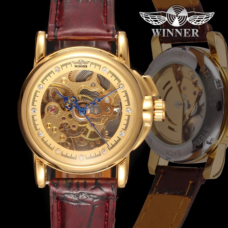 

Winner Brand New Men Fashion Retro Brown Leather Strap Gold Skeleton Diamond Dial Analog Mechanical Luxury Women Automatic Watch