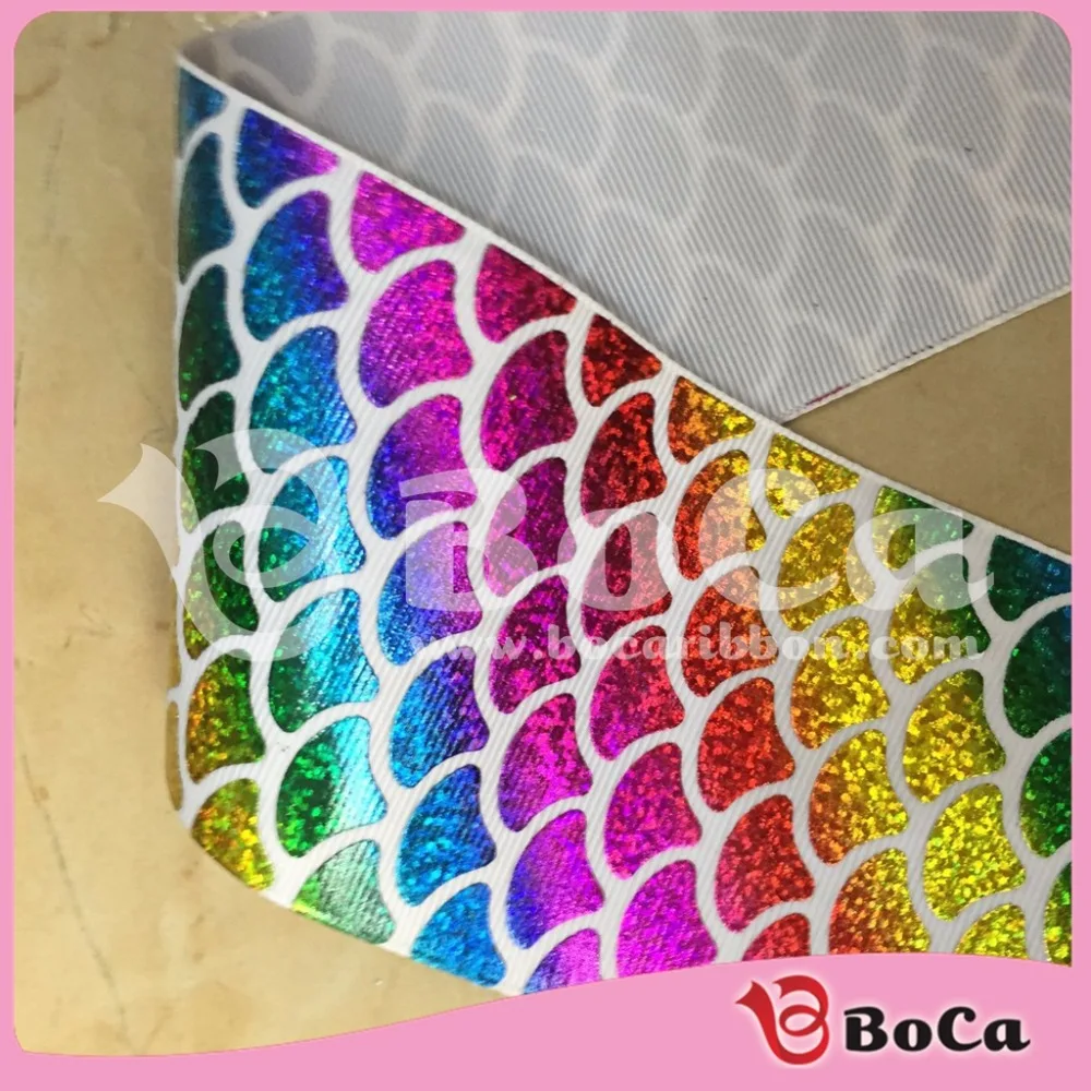 

hot sale 75mm fish scale holographic ribbon in stock, Gold;siliver;rainbow etc