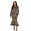 Fashion Hot Sale Women Long Sleeve Mesh Patchwork See Through Fishtail Dress Prom