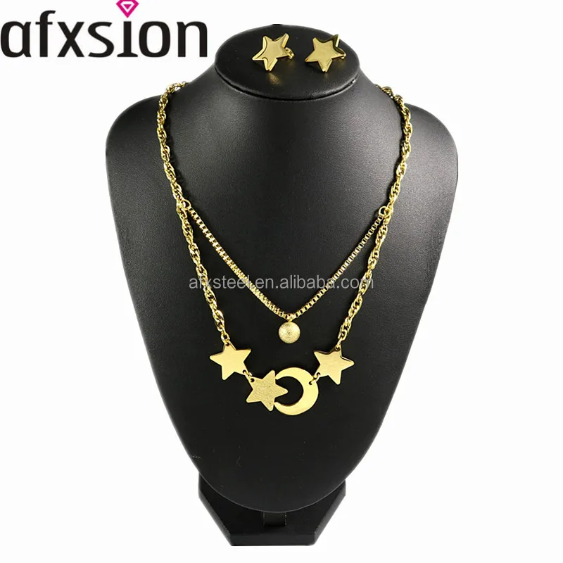 

AFXSION Fashion Double Layer Designed Star and Moon Gold Stainless Steel Jewelry Set Wholesale, Glamorous Female Jewelry, Picture