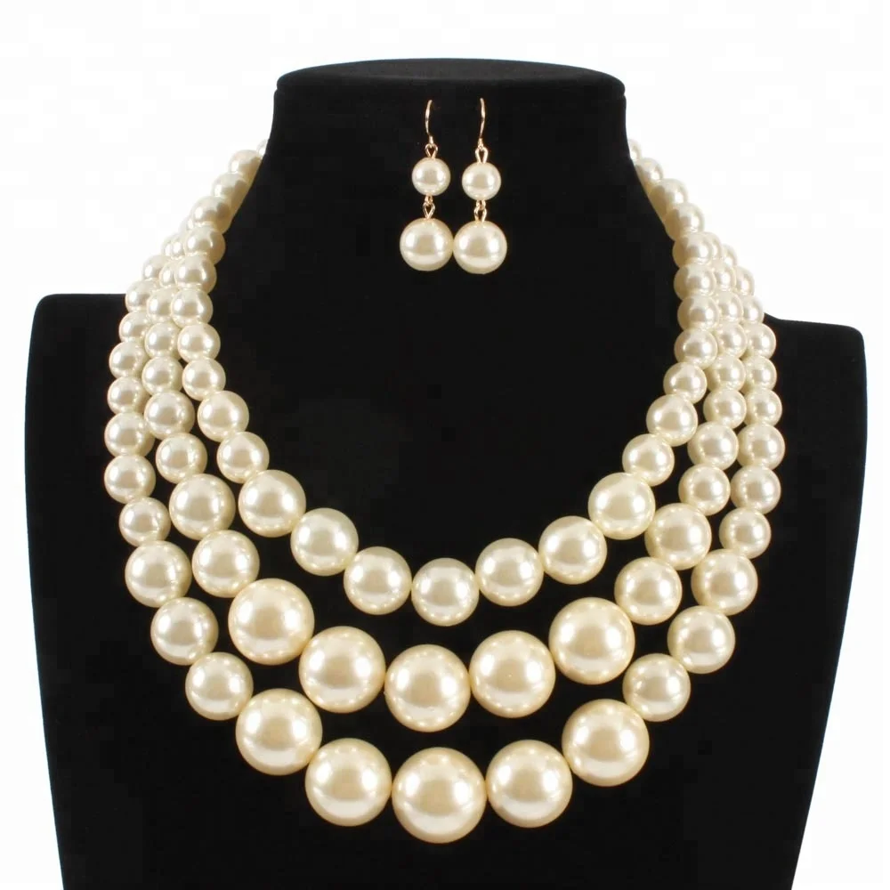 New style three layer pearl fashion necklace and pearl earring sets