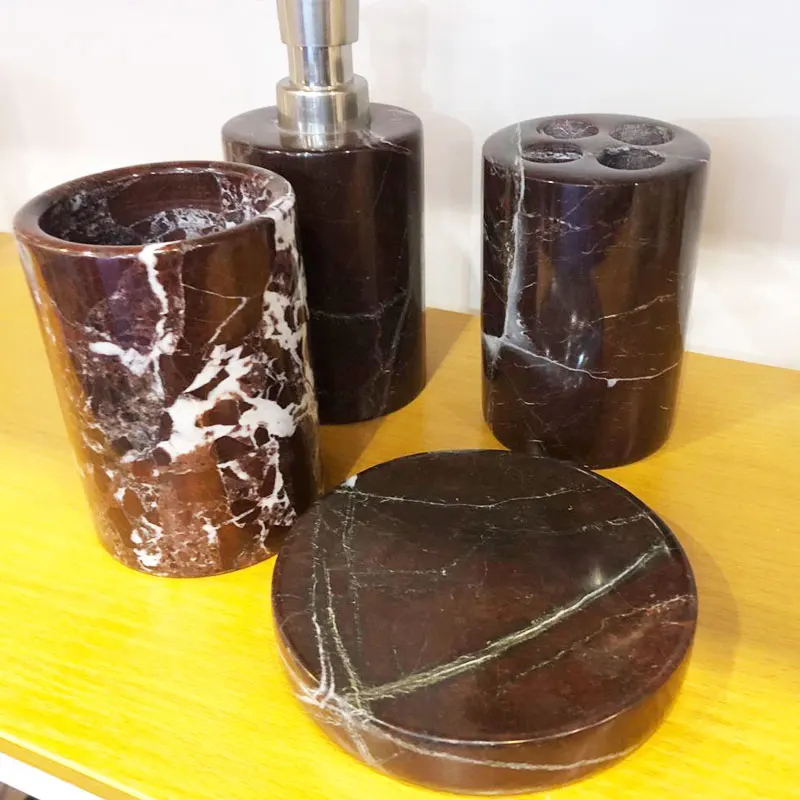 

Red rojo Marble bathroom sets natural stone crafts bathroom accessories soap dispenser brush holder red stone