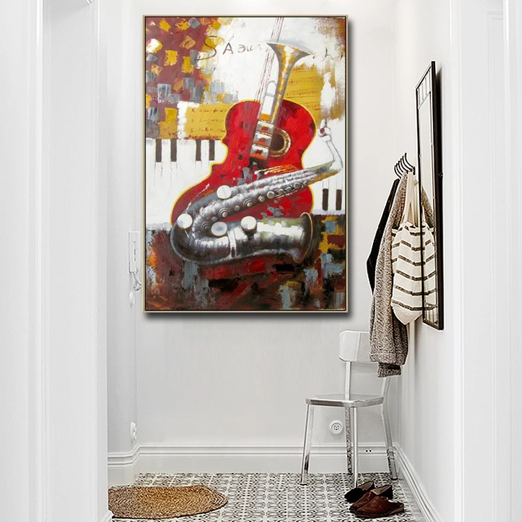 Music Themed Oil Paintings Of Violins Saxophone For Wall Art Decoration