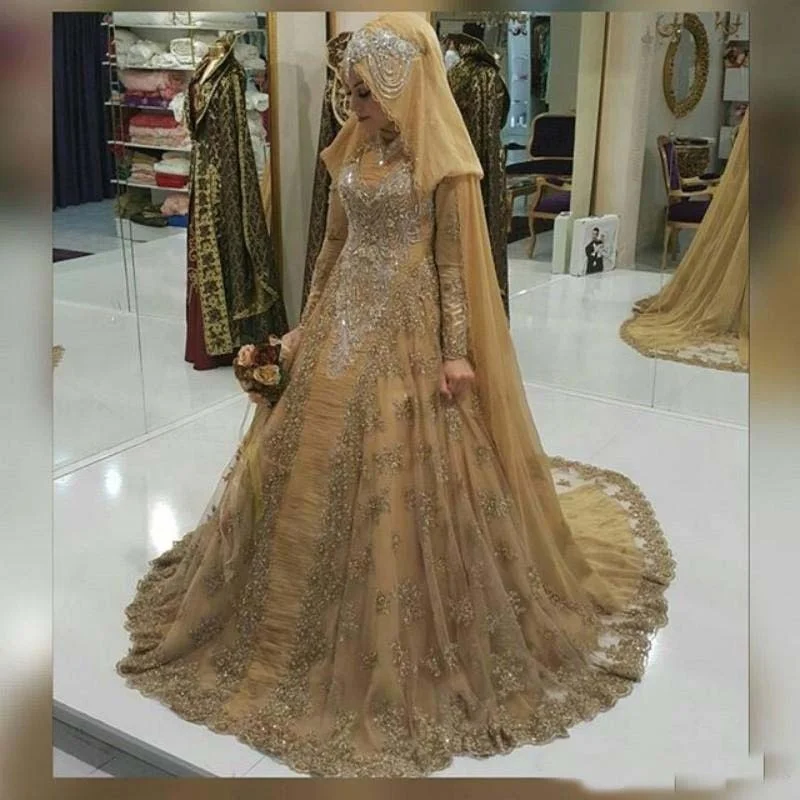 

Gold Lace Muslim Wedding Muslim High Neck Long Sleeve Appliques Crystal A-Line Bridal Gowns With Hijab muslim wedding dresses, As image or custom made wedding dress