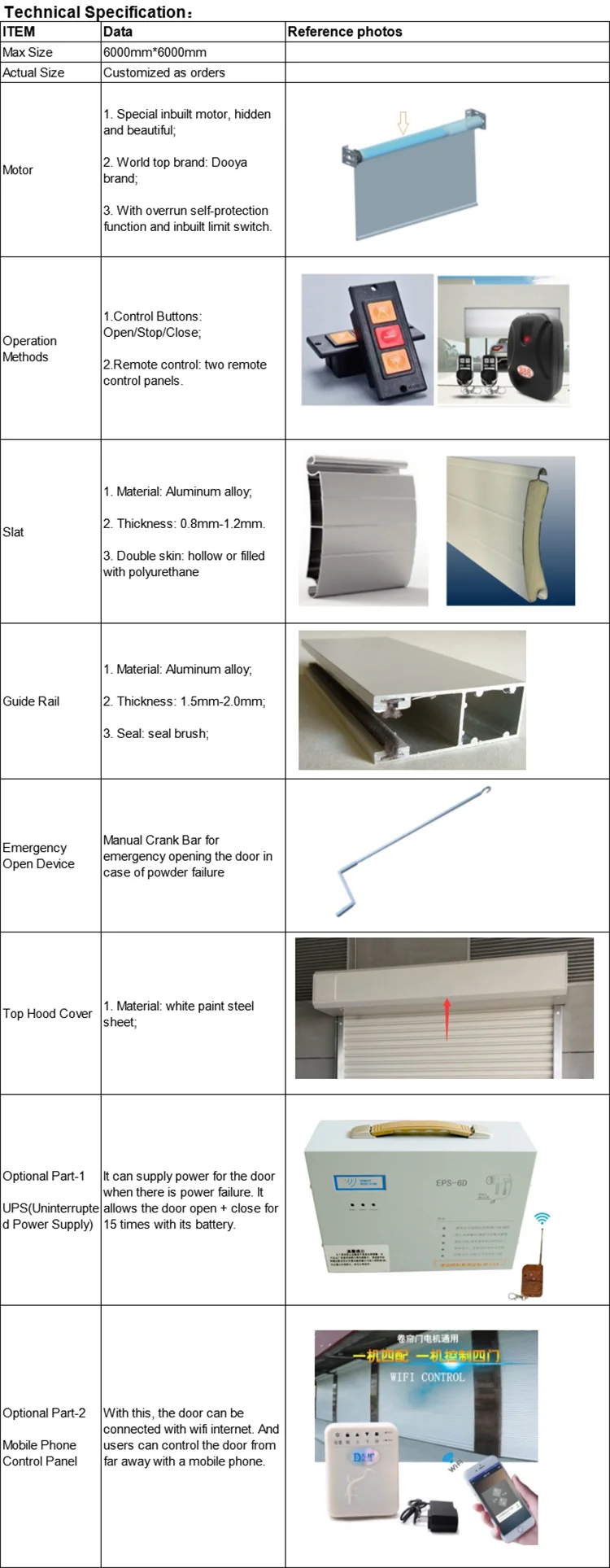 Automatic Residential Aluminum Automatic Garage Door Remote Control Roller Shutter Doors with Dooya Tubular Motor