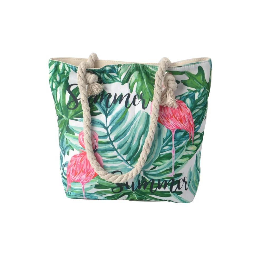 

Popular large capacity flamingo beach bag women with cotton rope