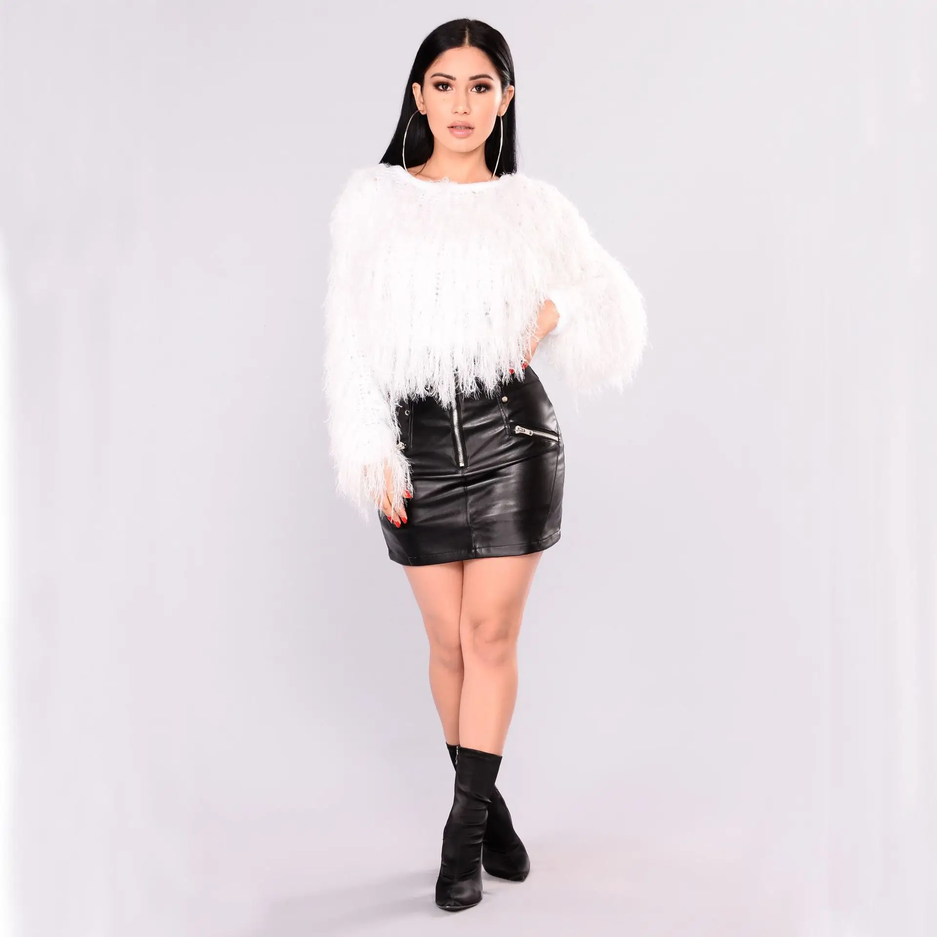 

Z031 fashion fringed clothing crop top shaggy sweater fringe mink sweater, White;black