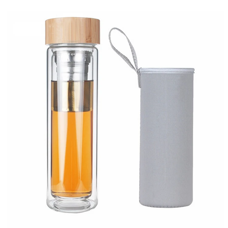 400ml Voss Style Safe Fruit Tea Infuser Glass Water Bottle With Bamboo