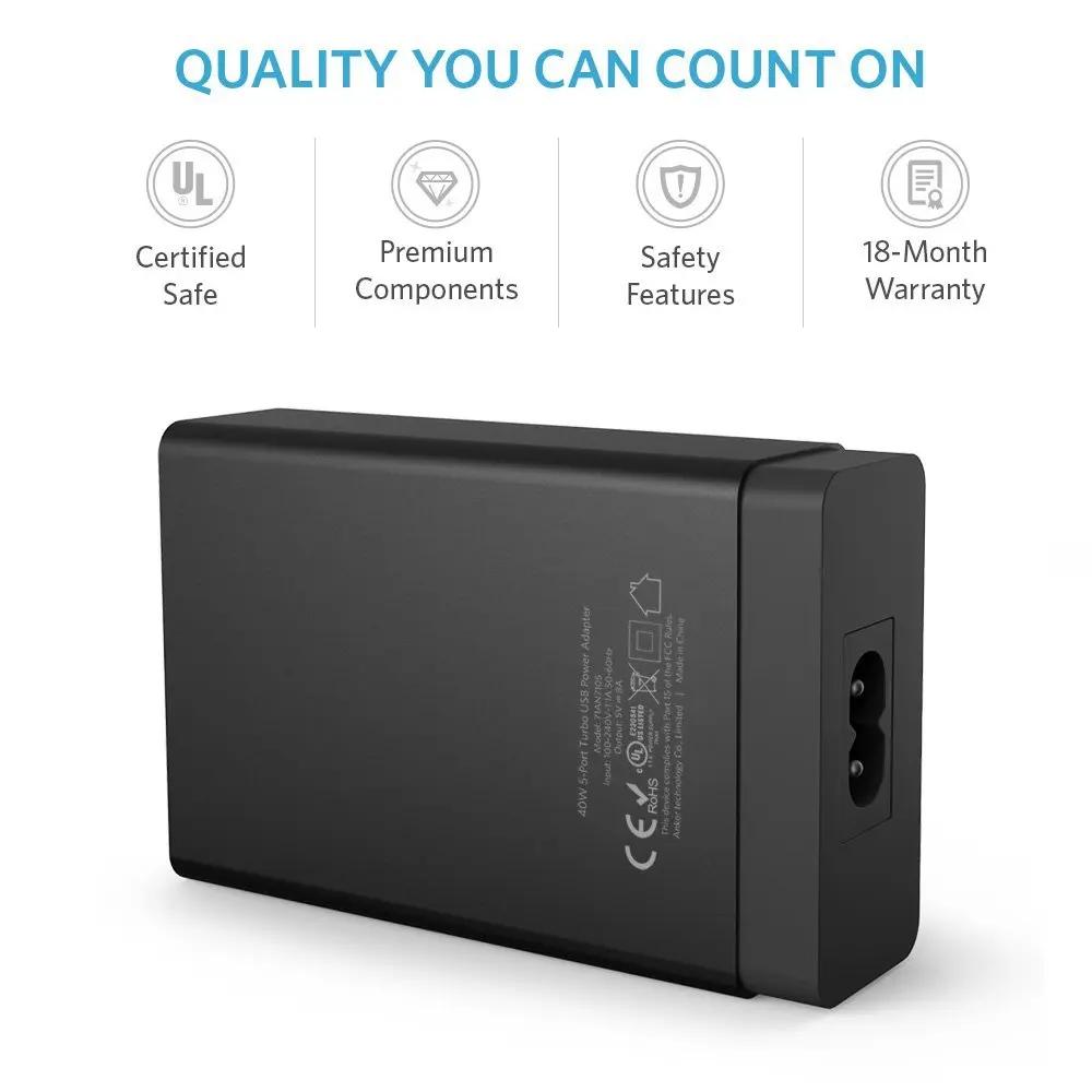 Intelligent Chip Full 8A 5 Ports Multi Usb Charger Desktop Universal Fast Charger 40W/8A