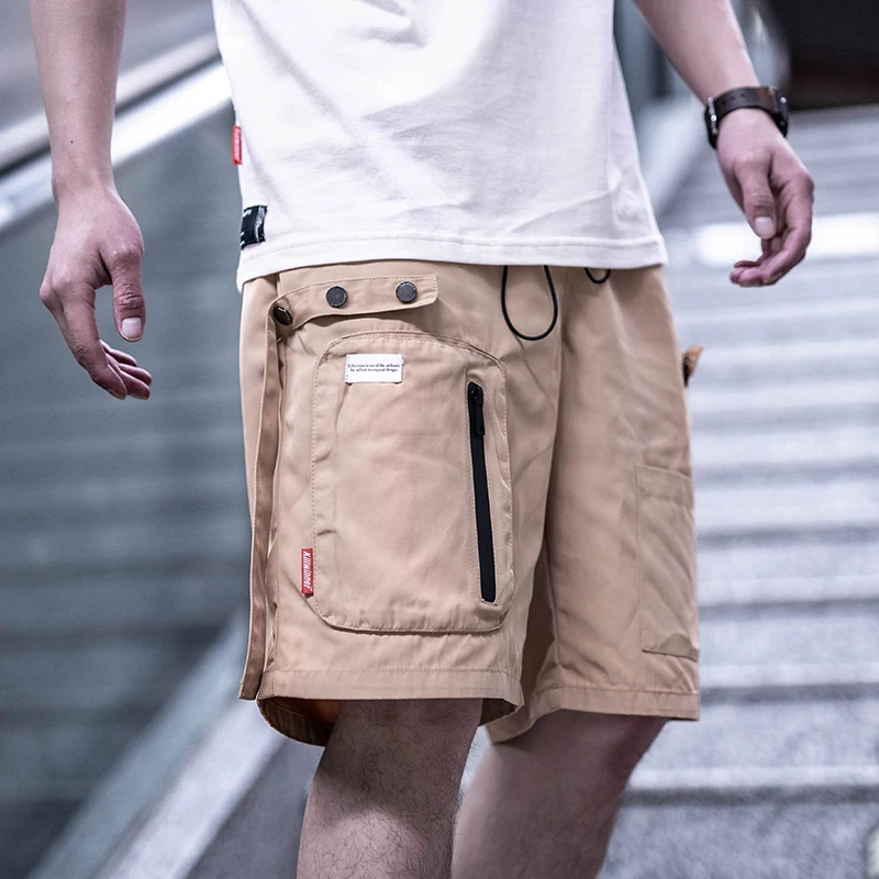

Killwinner trend summer men cargo pants disassemble ribbon street hip hop tactical multi pocket sports shorts boys, Khaki,black