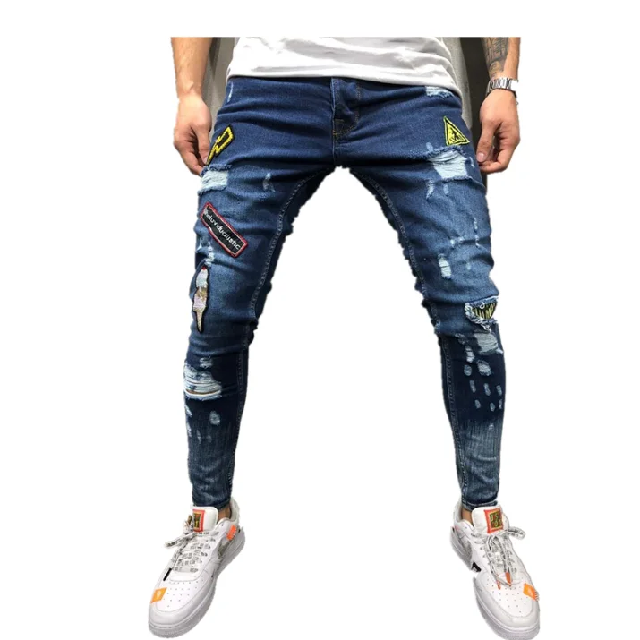 

European and American men's hip hop high-end tight new hole men's badge feet pants, Picture