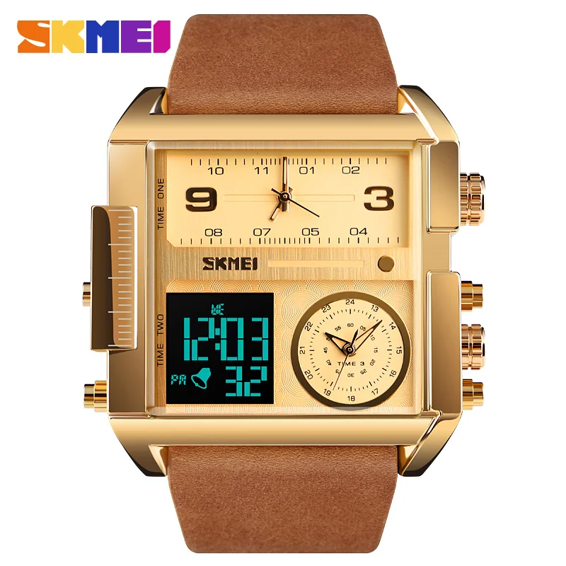 

New design Skmei 1391 gold luxury fashion big dial men wristwatch 3 time waterproof leather digital watch