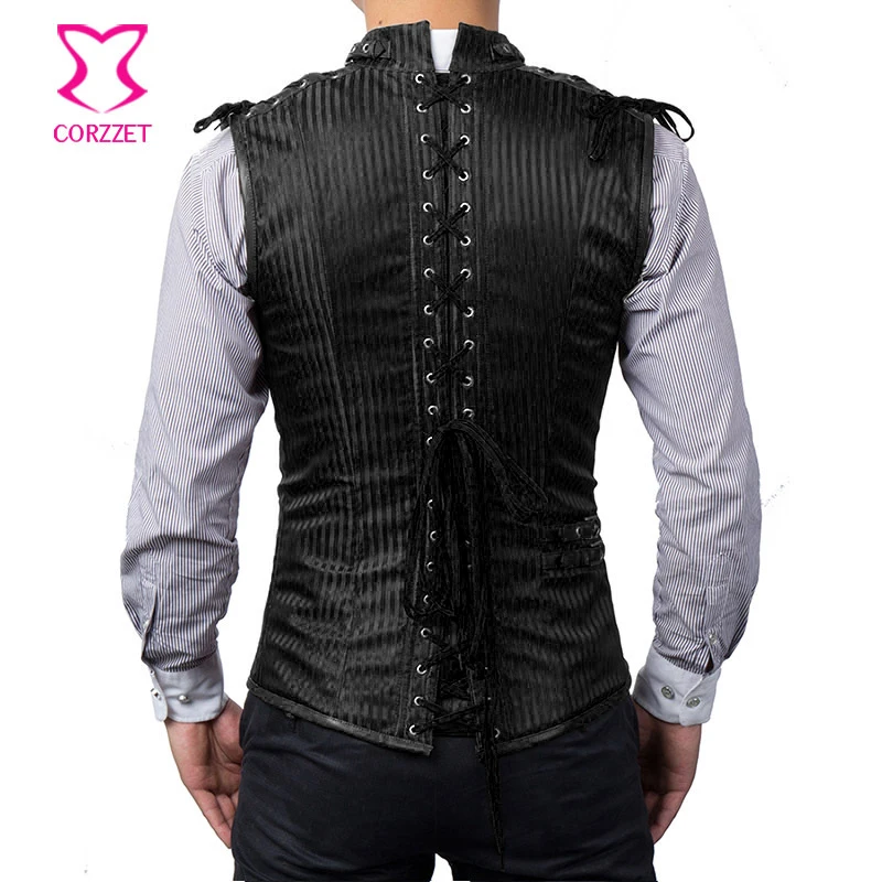 Corzzet Nuevo Estilo Negro Rayas Stand Collar Sin Mangas Camisa Ingeniero SteamPunk, algodón. Camisas Trajes hombre