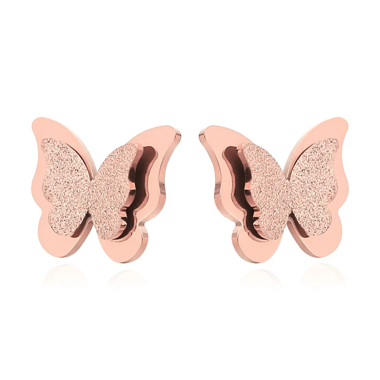 

ELBLUVF Free Shipping Stainless Steel 18K Rose Gold Plated Double Butterfly Animal Stud Earrings