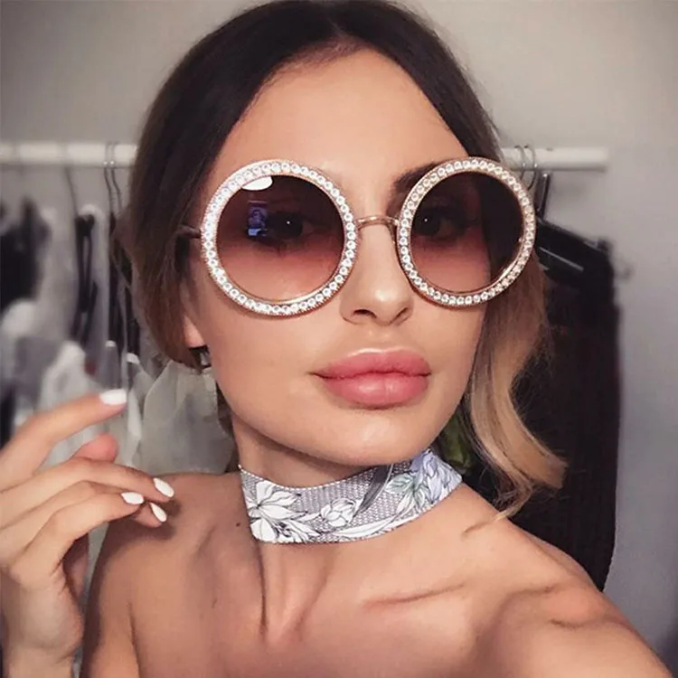 

M8026 Trendy 2020 Round Womens Sunglasses Fashion Diamond Studded Sunglasses Shades Ladies Sunglasses Luxury UV400 PC Alloy, Silver gold pink