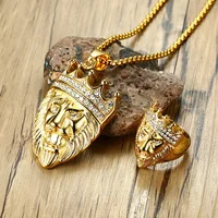 

Men Dubai Gold Fashion Stainless Steel Jewelry Sets Lion Ring Lion Necklace