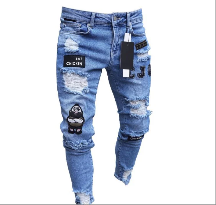 

SS0006 Men's new hip hop high-end tight-fitting badges slim hole jeans