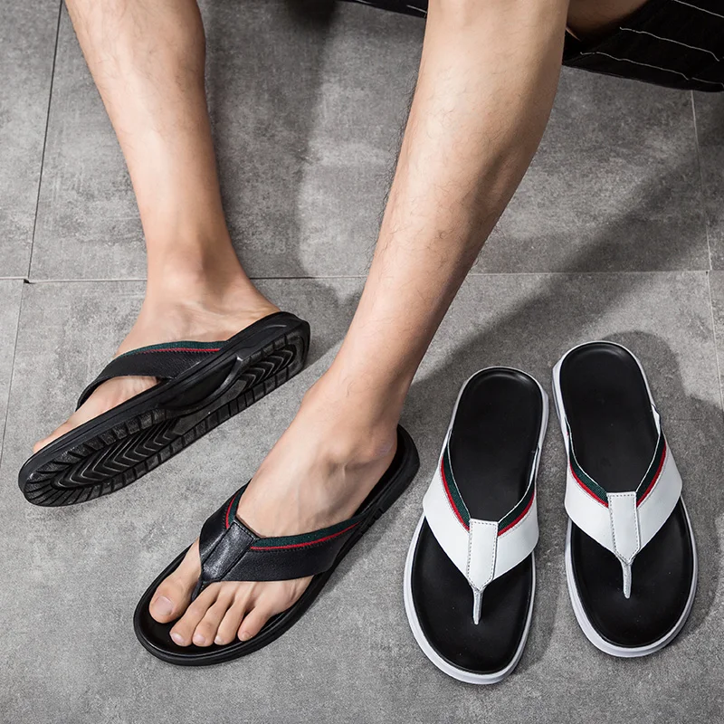 Wholesale Men Genuine Leather Slippers Flip Flop Beach Sandals - Buy ...