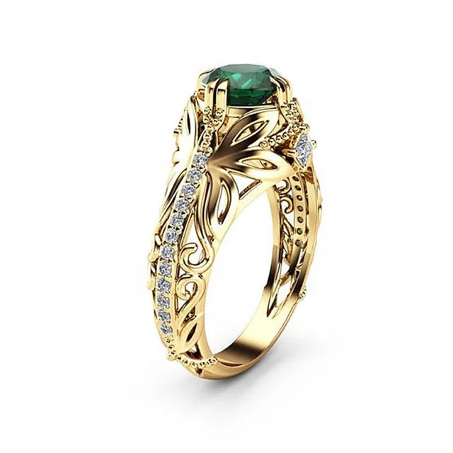 

New Green Stone Rings for Women Gold Color Hollow Out Vintage Butterfly Rings Fashion Jewelry