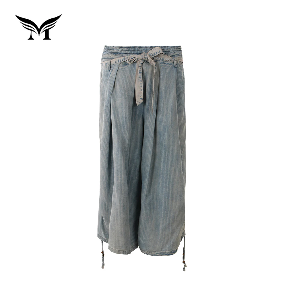 

Good selling stylish wholesale casual denim light blue cotton loose straight pants women with belt, Custom