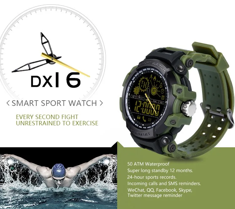 Waterproof 5atm Sport Style Smart Watch Dx16 With Steps Counter Calorie