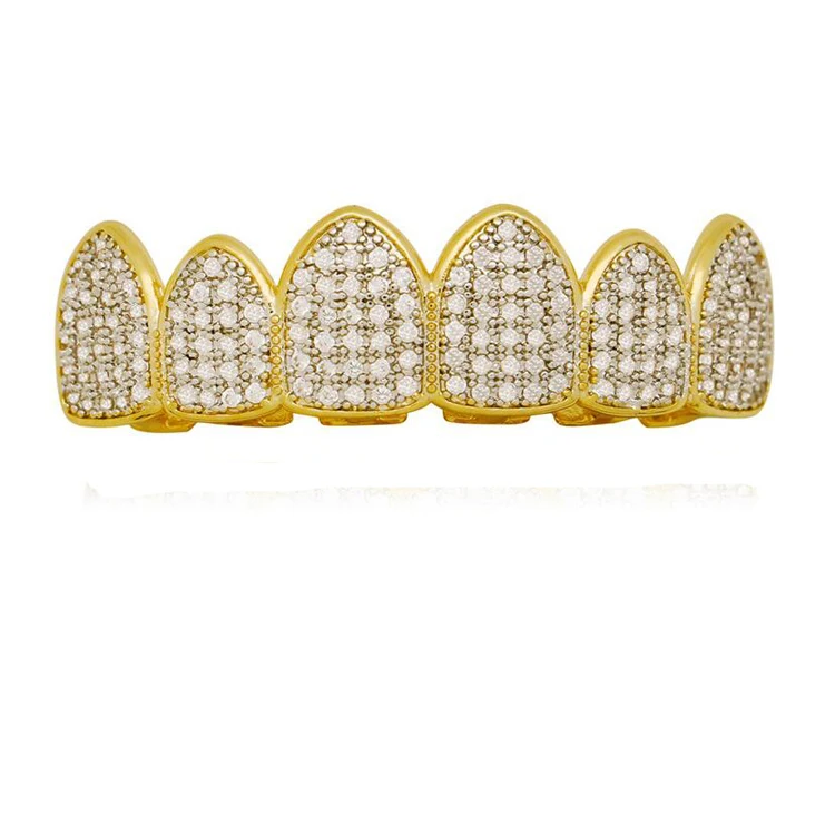 Blues Rts Fashion Yellow Gold Plated Iced Out Cz Cluster Custom Mouth