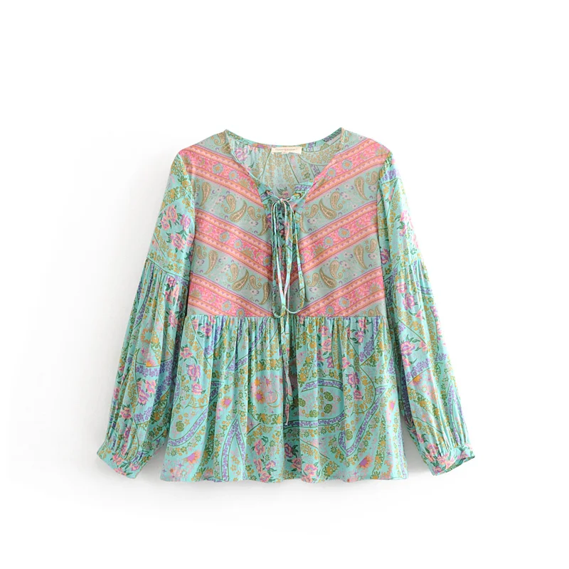 

2018 Latest fashion multi color women long sleeve high quality casual blouse designs with tasseles