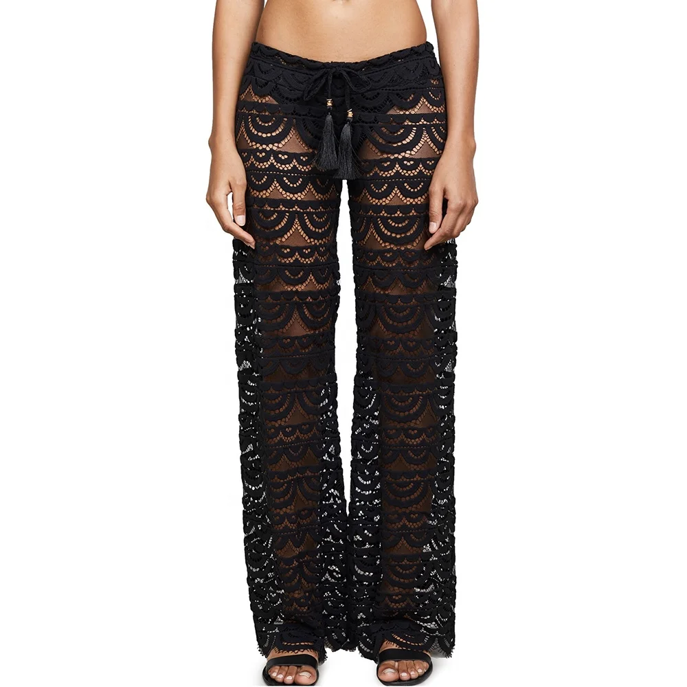 

Sexy transparent hot pants custom logo beach trousers black lace cropped trousers