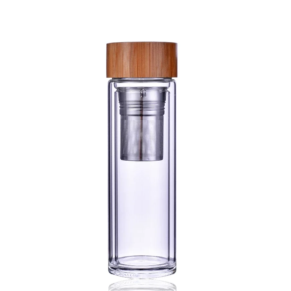 
400ml 500ml Bamboo Lid Double wall Borosilicate Glass Tea Infuser Tumbler Mug With Strainer 