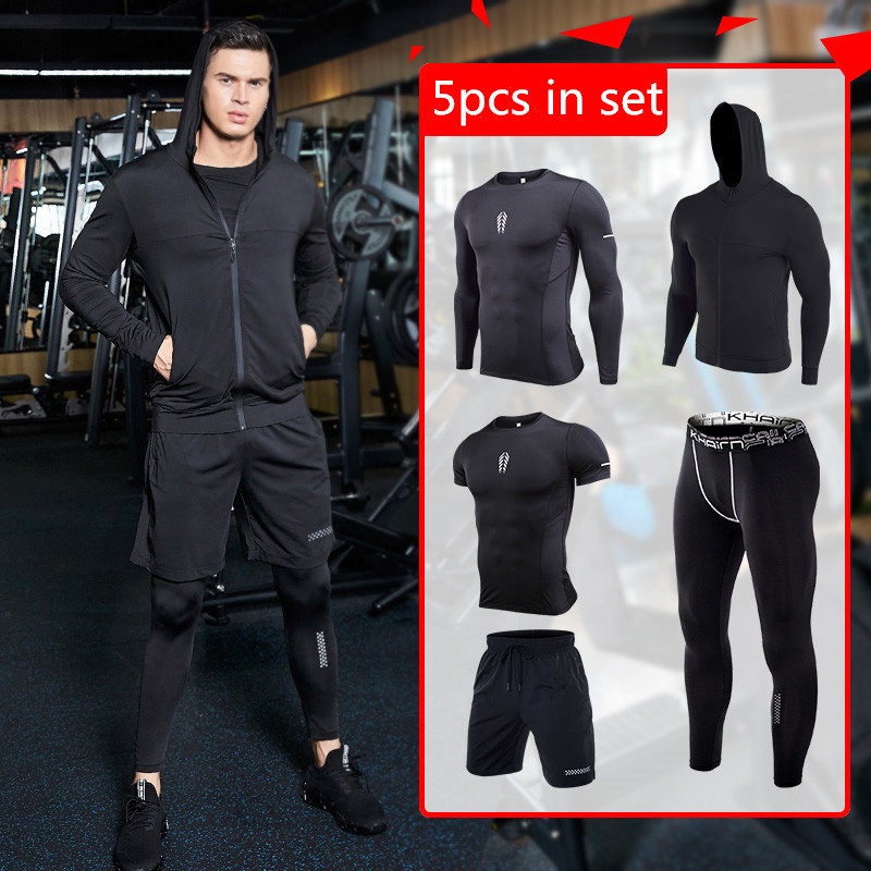 

5 piece in set men quick dry training wear set gym clothes running suits breathable running wear sport suit for man, As pictures