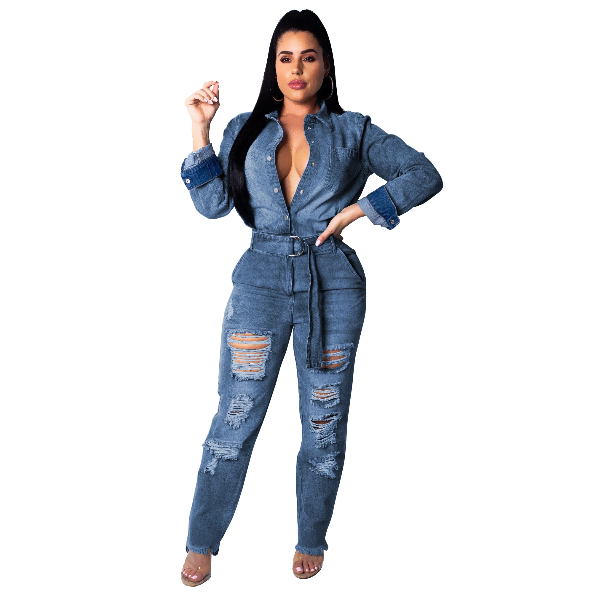 

Hot sale women's fashion frosted washed ripped denim jumpsuit, N/a