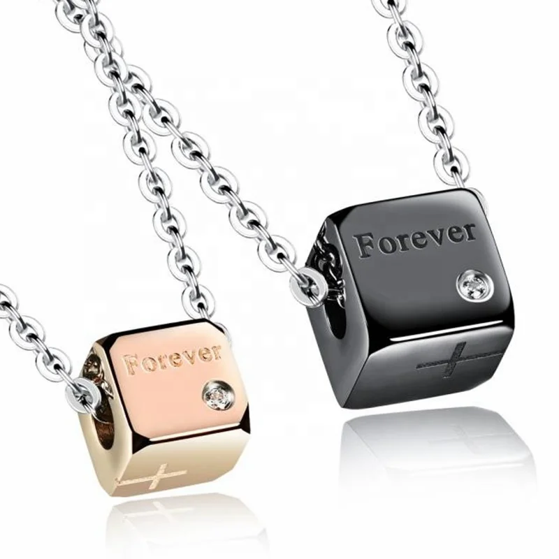 

MECYLIFE Dainty Cubic Stainless Steel Jewelry Necklace Zircon Inlay Forever Love Engraved Promise Necklace Couple Necklaces, Black,rose gold